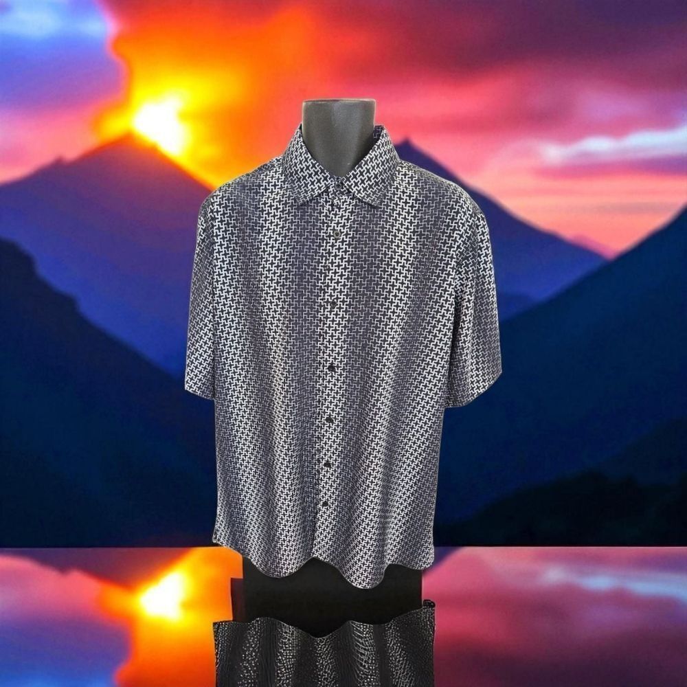 BASSIRI MEN'S CASUAL ABSTRACT SHORT SLEEVE SHIRT. BLACK WHITE GRAY CROSSES. 5191